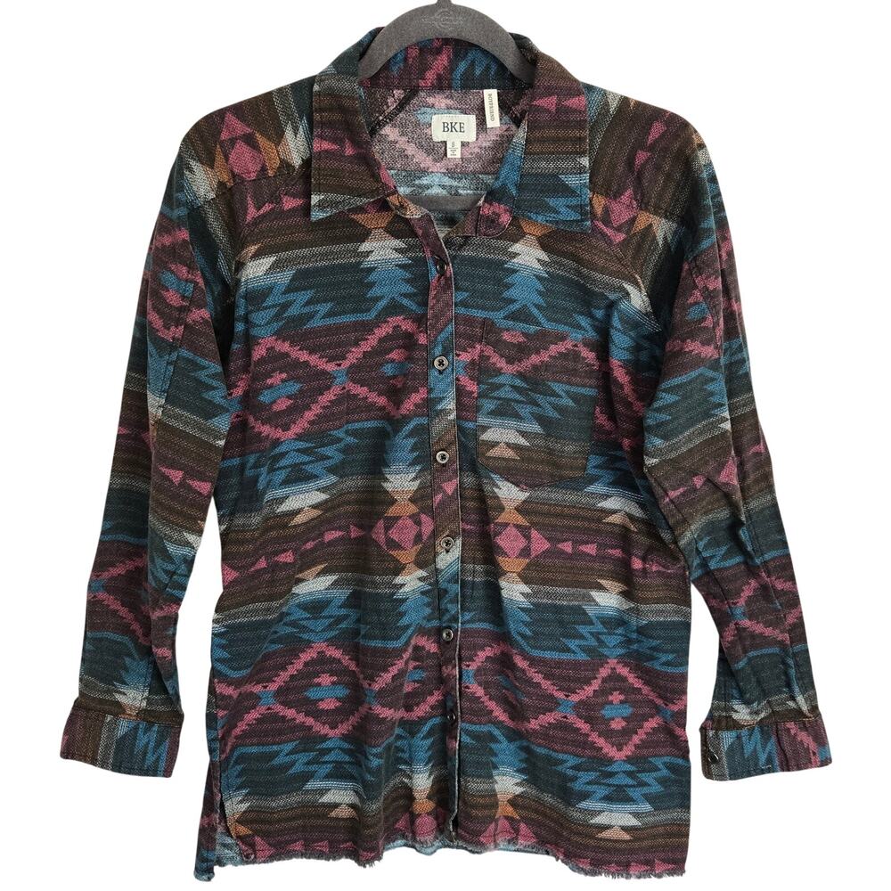 BKE Womens Buckle Plaid Boyfriend Shirt S Multi Aztec Print Button Granola Girl